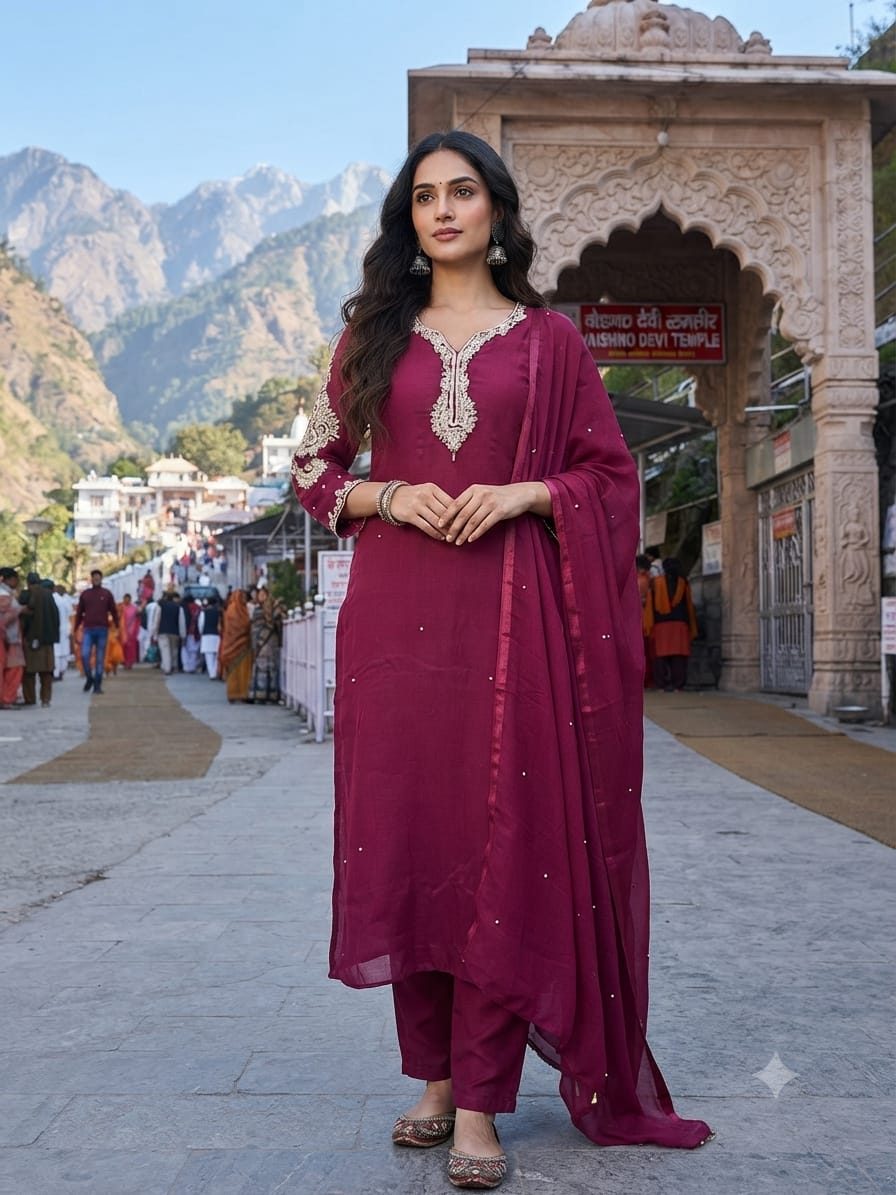 Deep Maroon Hand-Embroidered Straight Kurta Pant Set with Dupatta