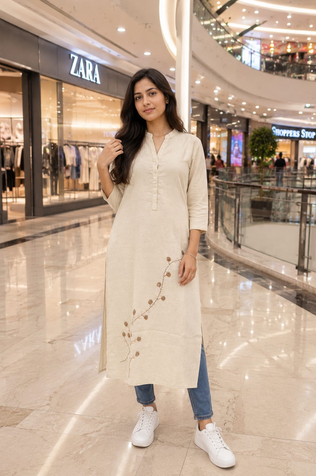 Cotton-Linen Straight Kurta with Minimalist Floral Embroidery
