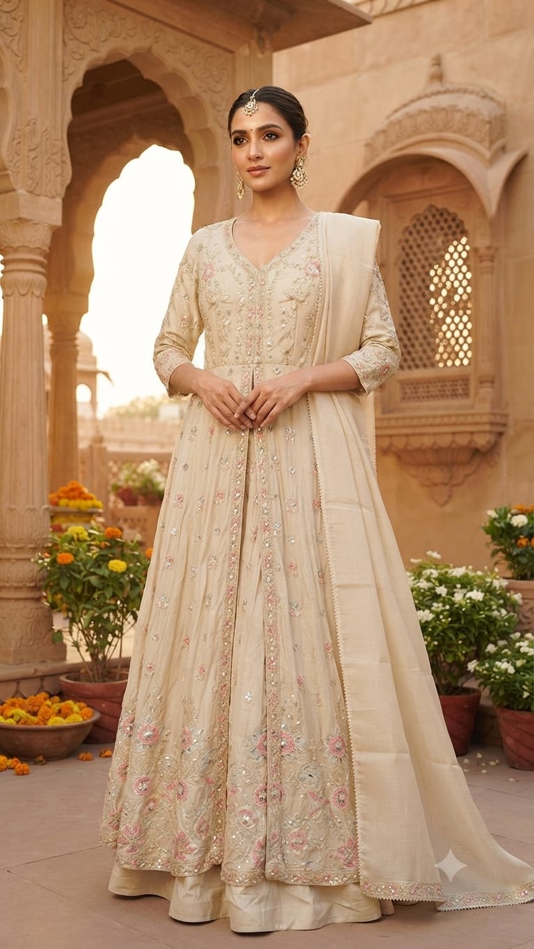 Pastel Elegance: Beige Embroidered Front-Slit Anarkali Gown Set