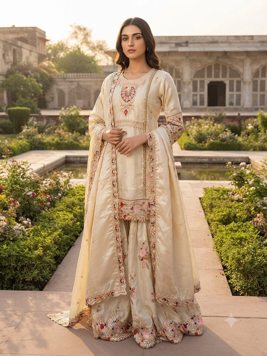 Ivory Embroidered Silk lehenga Suit Set.