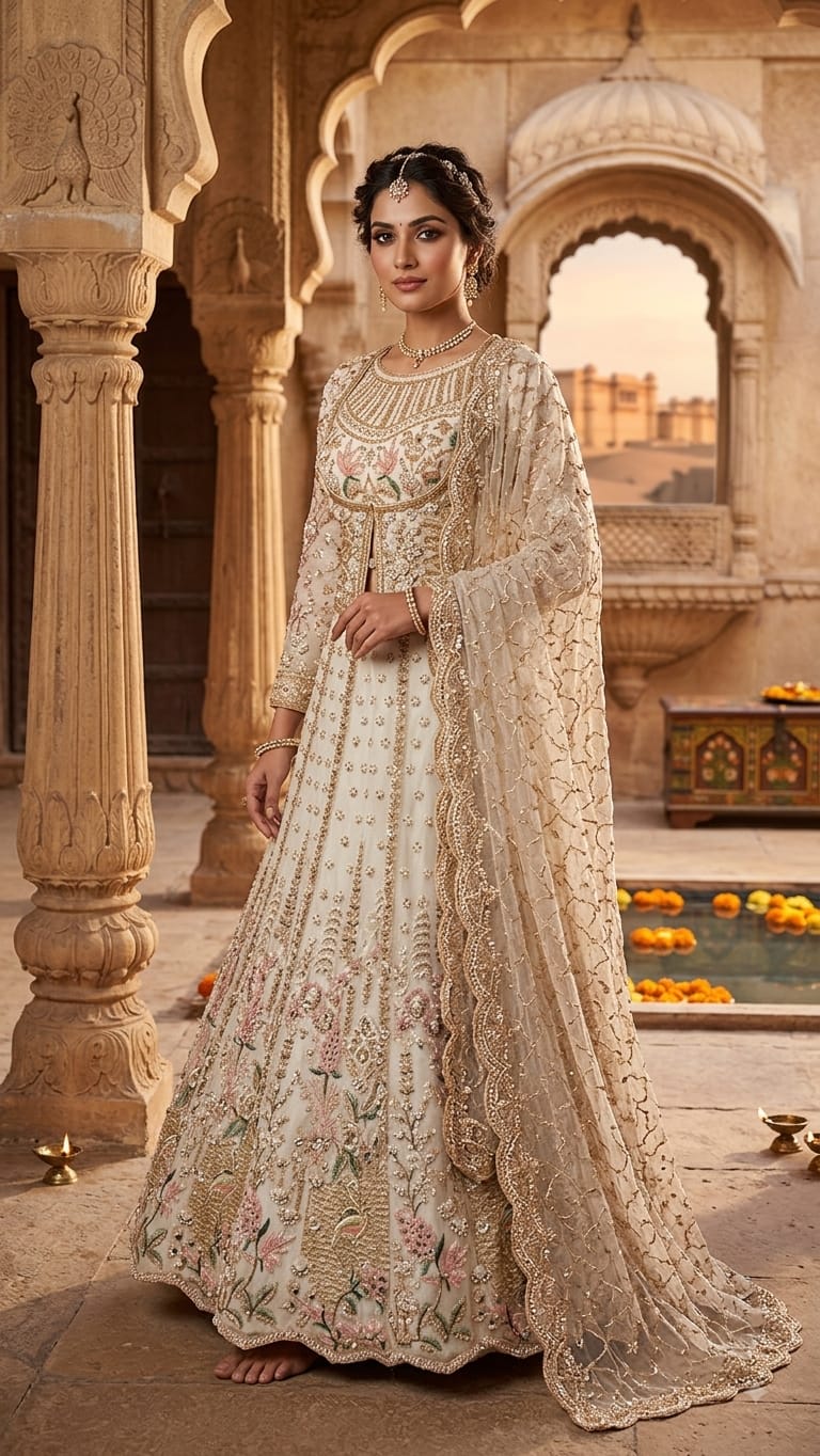 IVORY BRIDAL LEHENGA WITH PESTAL FLORAL ACCENTS