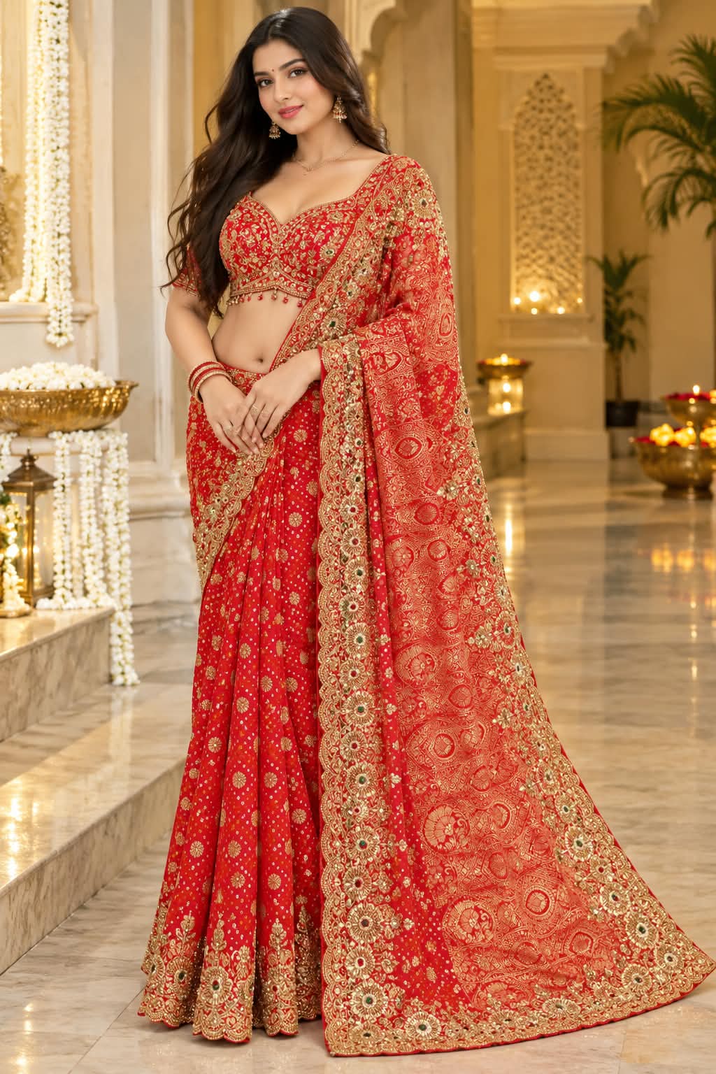 Crimson Elegance Hand-Embroidered Bandhani Saree.