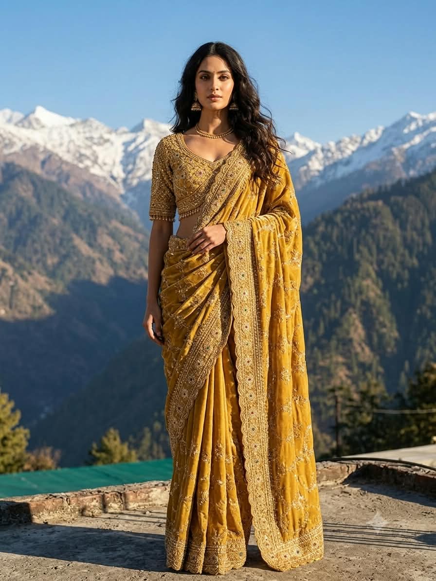 Mustard Yellow Embroidered Tissue Silk Saree.
