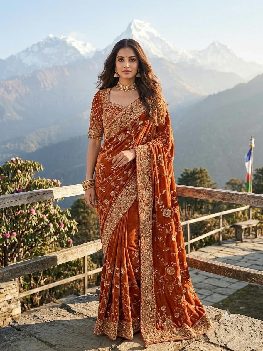 Royal Rust Orange Shimmer Embroidered Designer Saree.