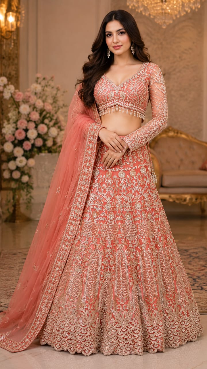 Ethereal Peach-Coral Heavily Embellished Bridal Lehenga