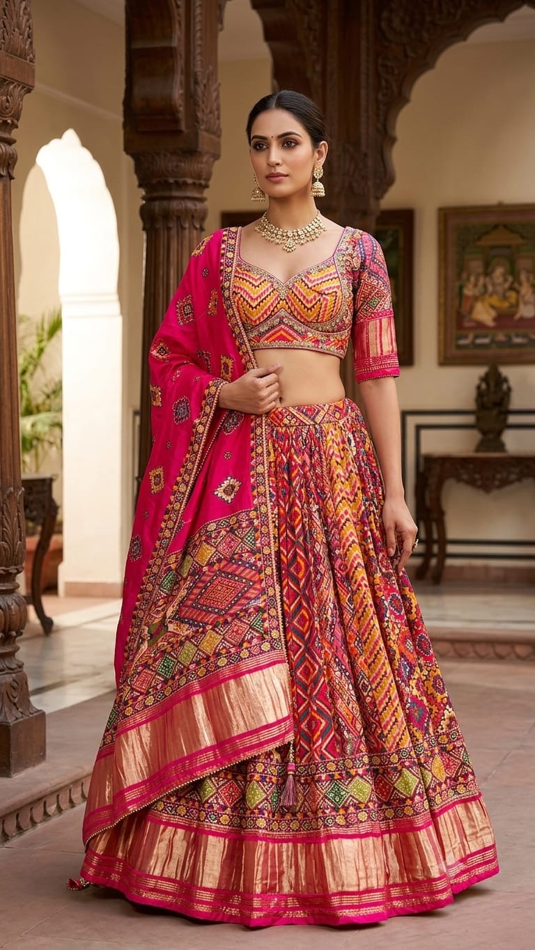 Radiant Fuchsia Pink Patola Print Lehenga Set