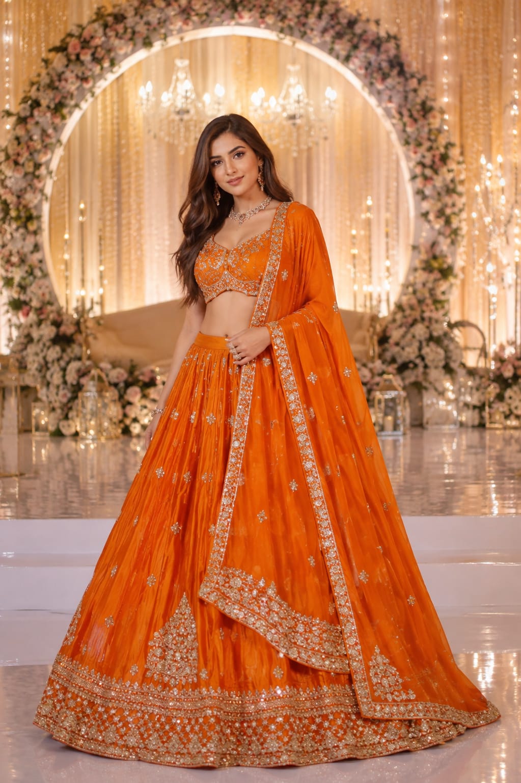 Radiant Sun-Kissed Orange Hand-Embroidered Lehenga Set