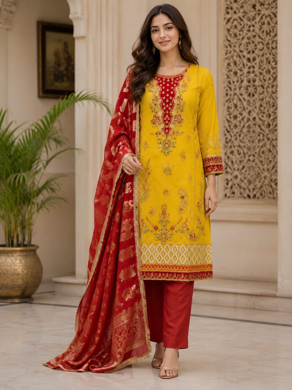 Elegant Yellow and Crimson Red Embroidered Salwar Suit Set