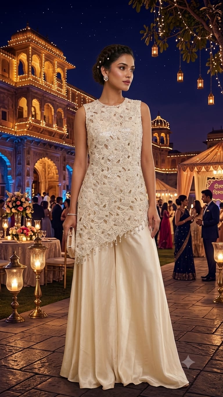 Festive soirées, wedding receptions, sangeet nights, cocktail parties, and elegant evening occasions.