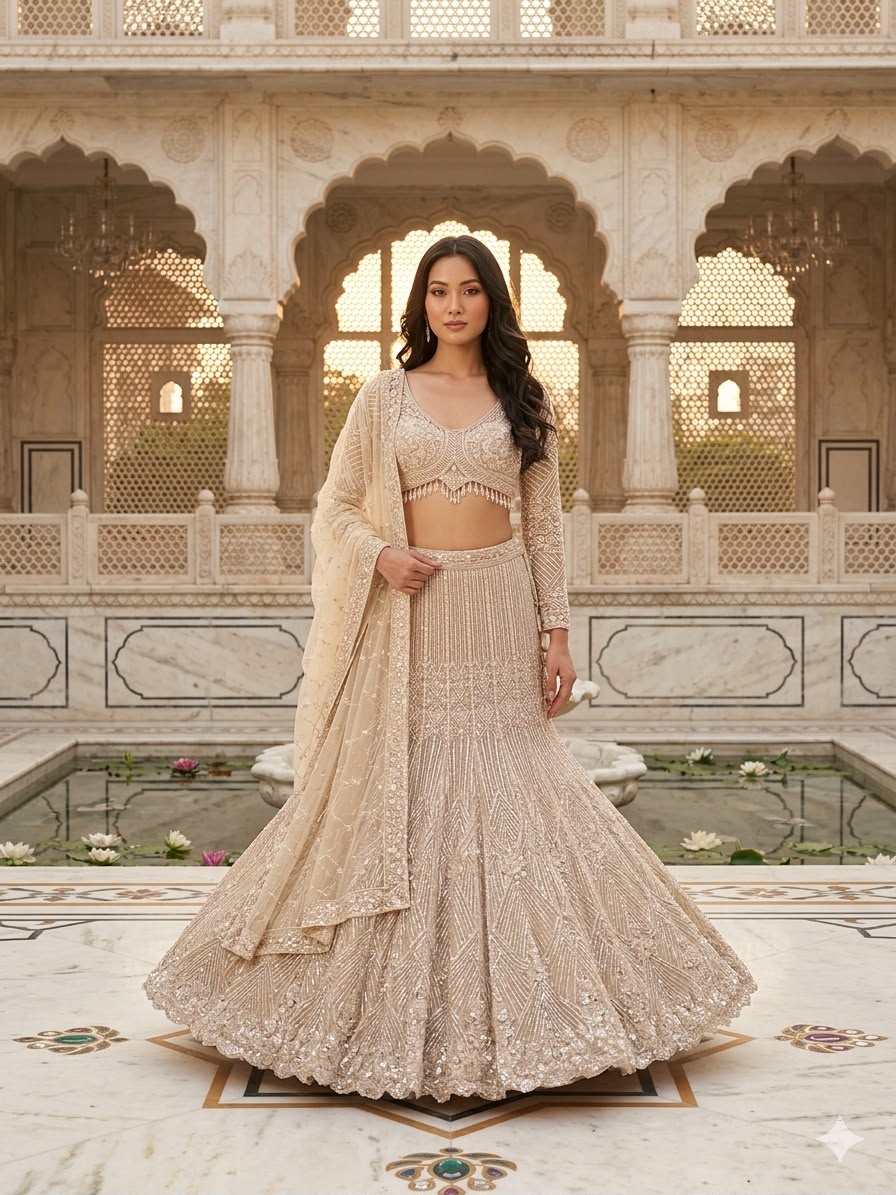Fisch-cut Lehenga, Bridal functions, receptions, sangeet ceremonies, and grand festive occasions.