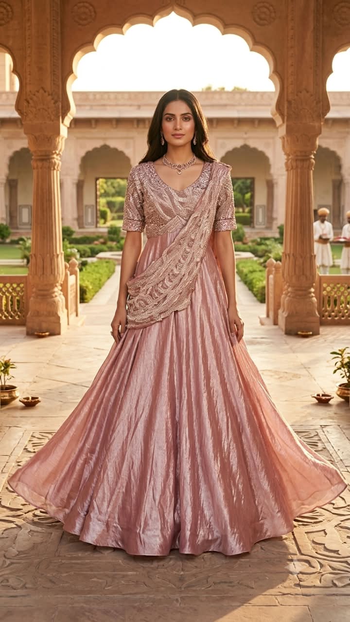 Dusty Rose Metallic Tissue Drape Gown with Hand-Embroidered Saree Pallu