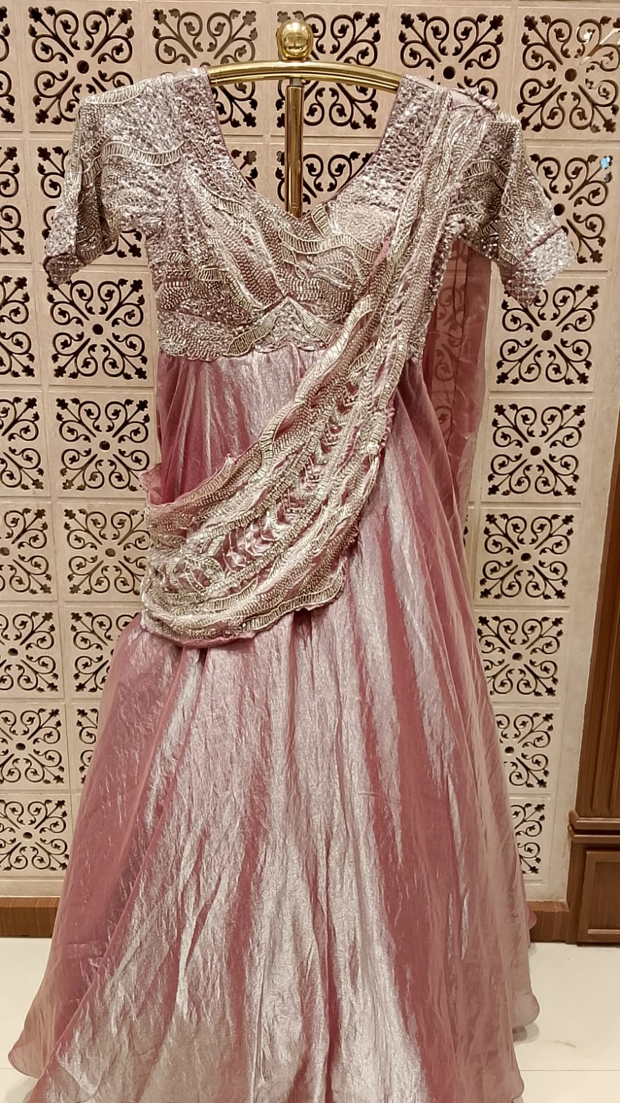 Dusty Rose Metallic Tissue Drape Gown with Hand-Embroidered Saree Pallu