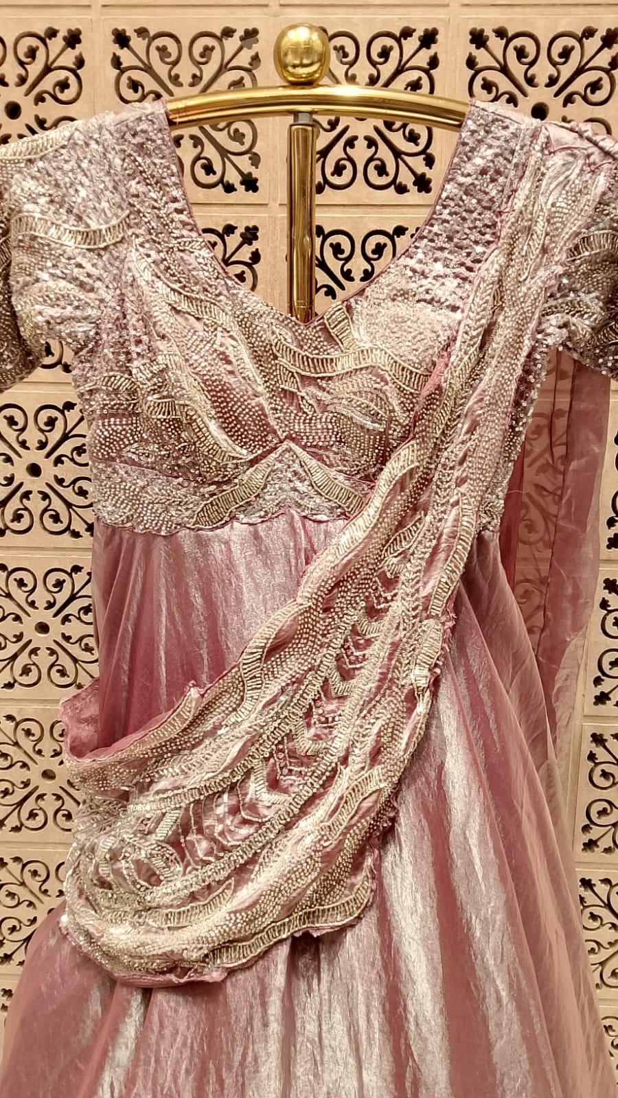 Dusty Rose Metallic Tissue Drape Gown with Hand-Embroidered Saree Pallu
