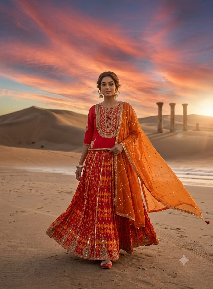 Rajastani look, festive celebrations, Navratri, Mehndi, or destination wedding functions.