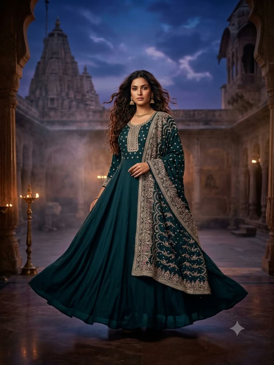 Emerald Majesty Embroidered Silk Anarkali Gown Set