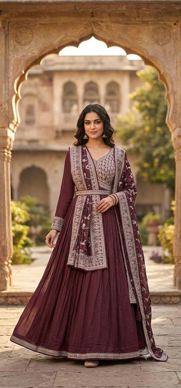 Antique Rose Geometric Embroidered Pleated Anarkali Gown