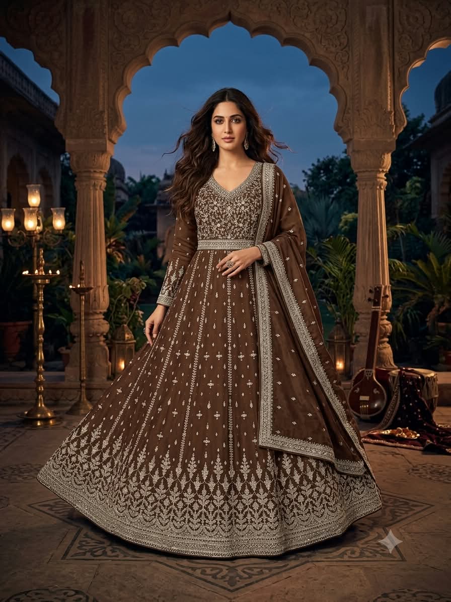 Royal Chocolate Brown Heavily Embroidered Kalidar Anarkali Gown