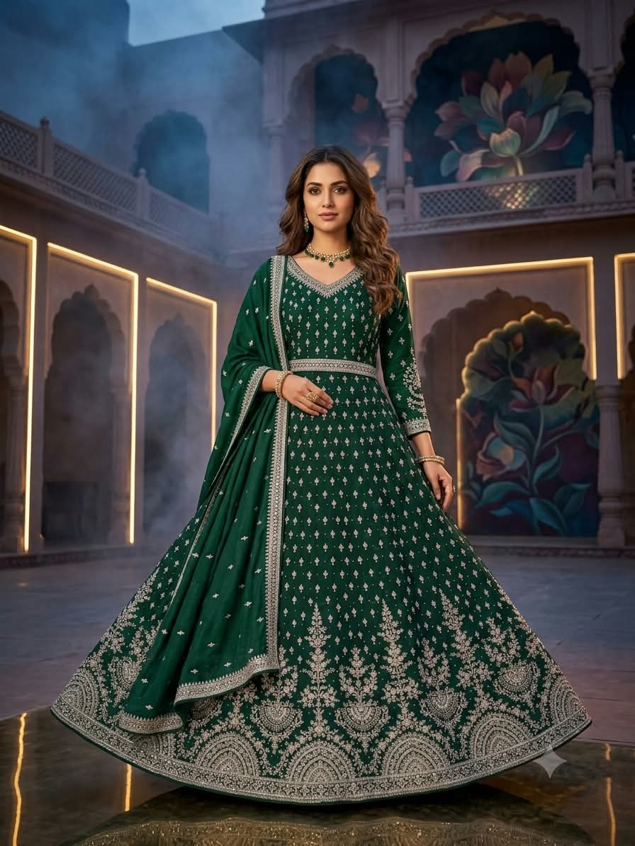 Royal Emerald Green Heavily Embroidered Kalidar Anarkali Gown