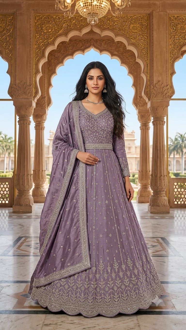 Orchid Grace Heavily Embroidered Kalidar Anarkali Gown
