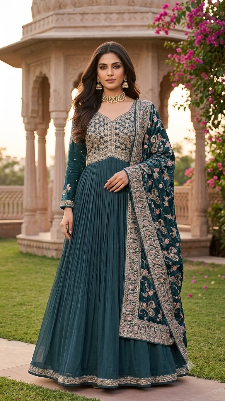 Peacock Blue Heavily Embroidered Pleated Anarkali Gown.