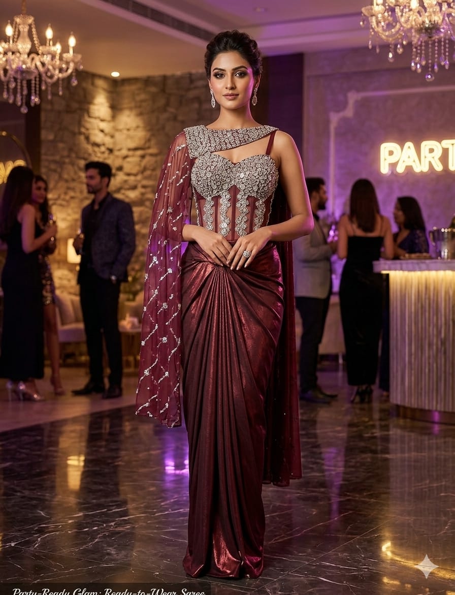 Wine Shimmer Ready-to-Wear Indo-Western Drape Saree