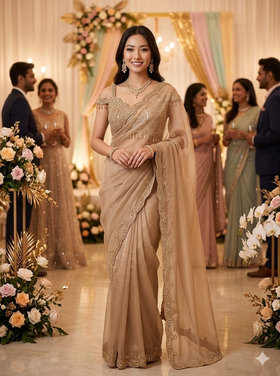 Metallic Champagne Organza Saree with Cold-Shoulder Embellished Blouse