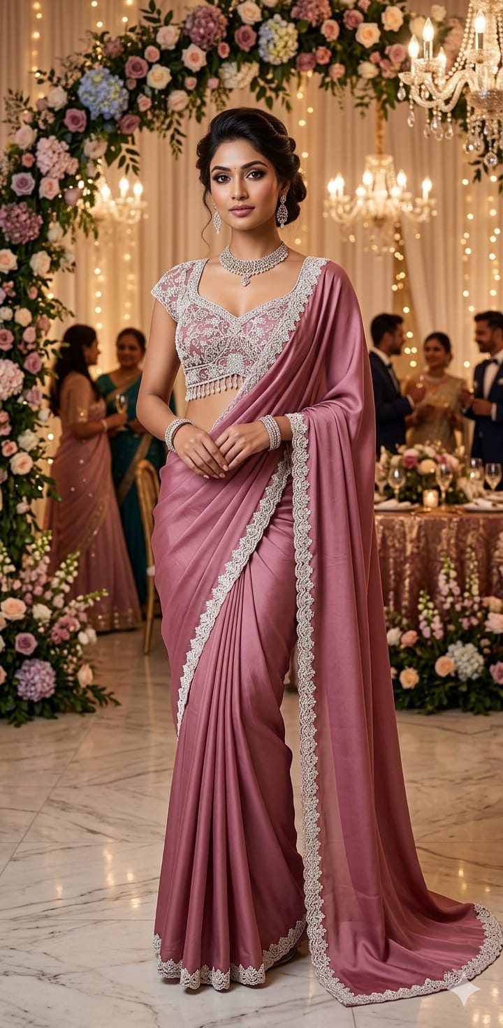 Mauve Pink Satin-Silk Saree with Hand-Embellished Lace Border & Pearl Crop Blouse