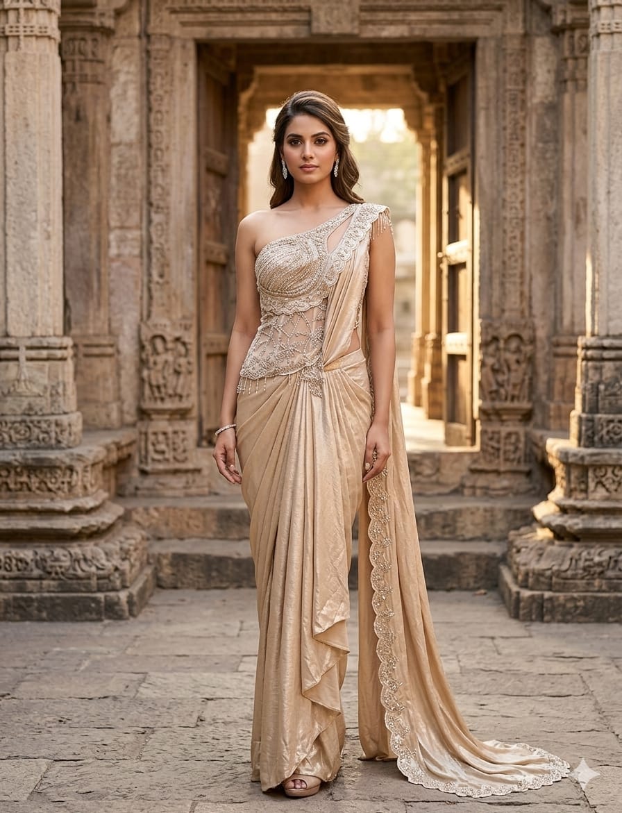 Champagne Gold Shimmer Draped Saree with Asymmetric Sheer Corset Bustier
