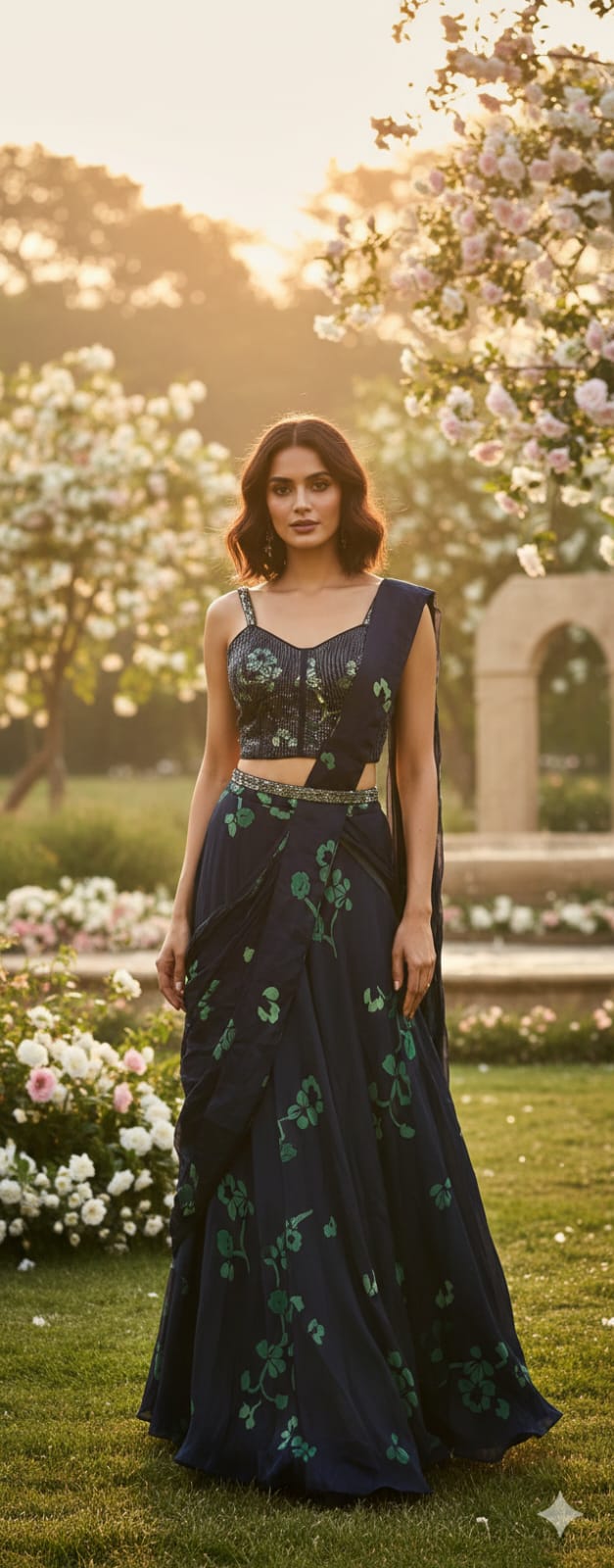 Midnight Navy Floral Draped Saree with Embellished Corset Blouse