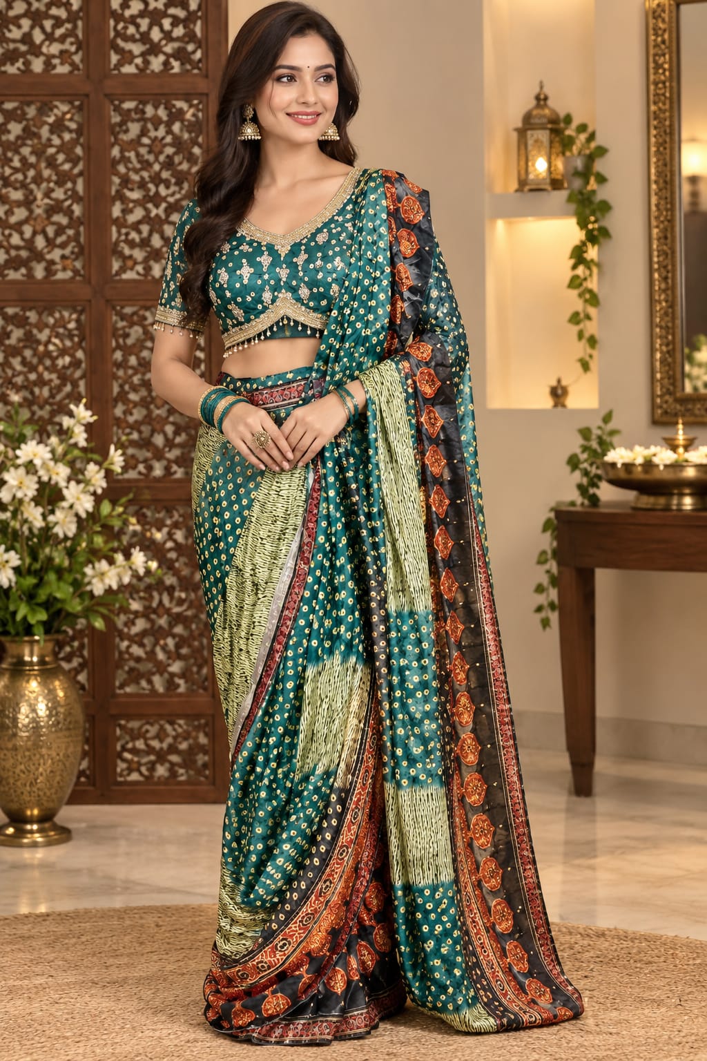 Bottle Green Bandhani Print Fusion Saree Set with Embroidered Blouse