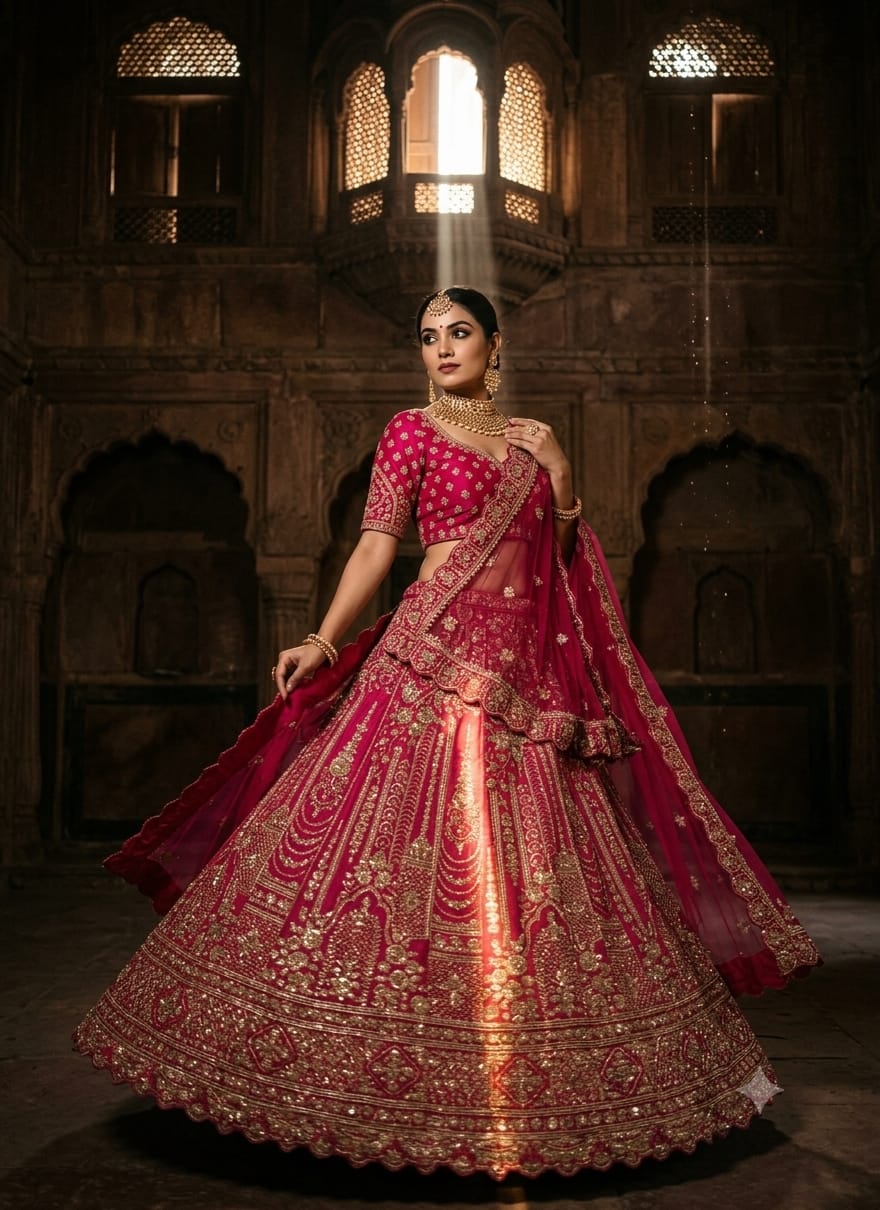 Rani Pink Heavily Embroidered Unstitched Lehenga Choli Set