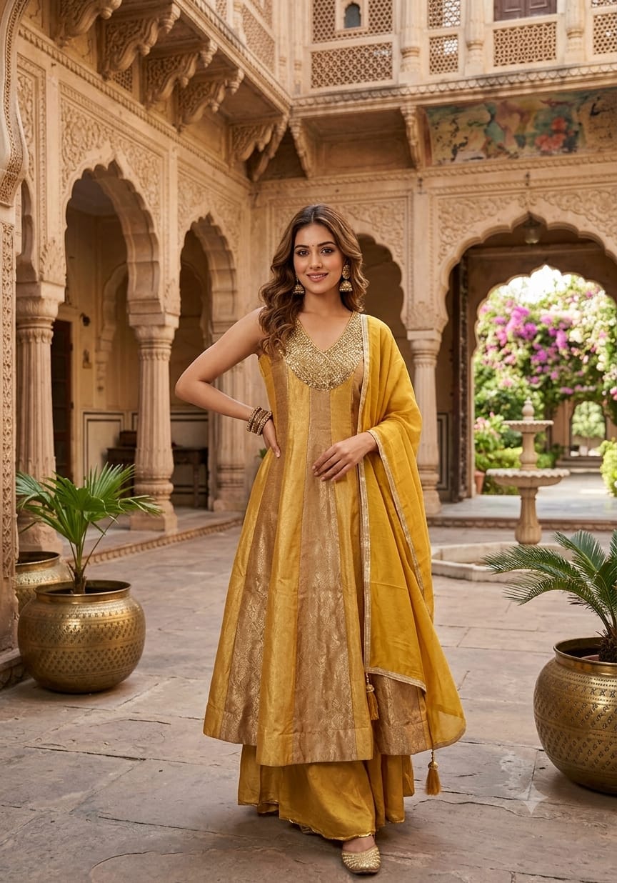 Mustard Yellow Paneled Silk Anarkali Suit with Sequin Neckline