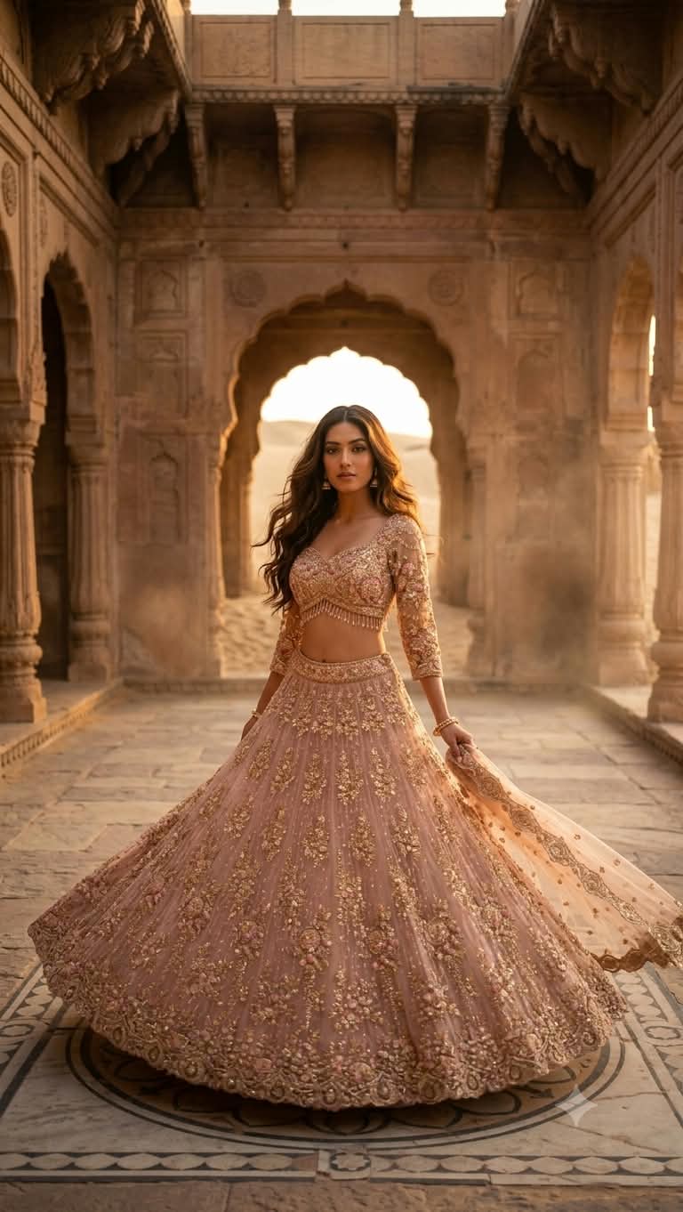 Rose Gold Heavily Embroidered Net Lehenga Choli Set