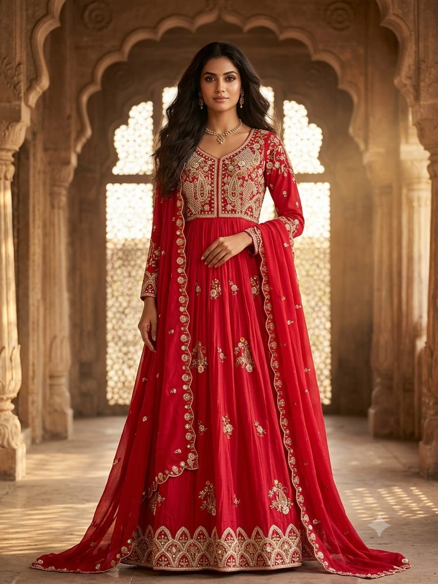 Crimson Floral Katori-Style Anarkali Gown Set