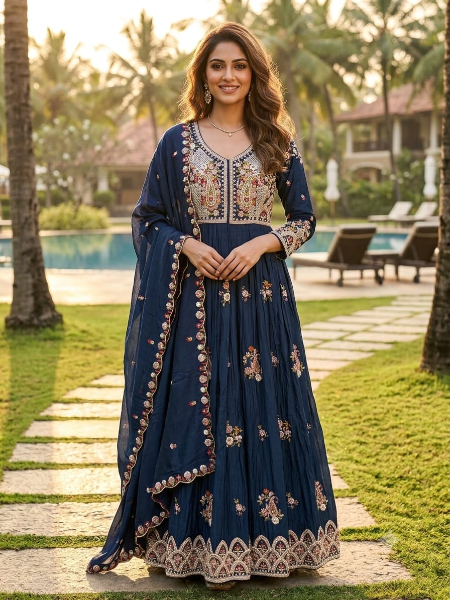 Royal Navy Floral Embroidered Anarkali Gown Set.