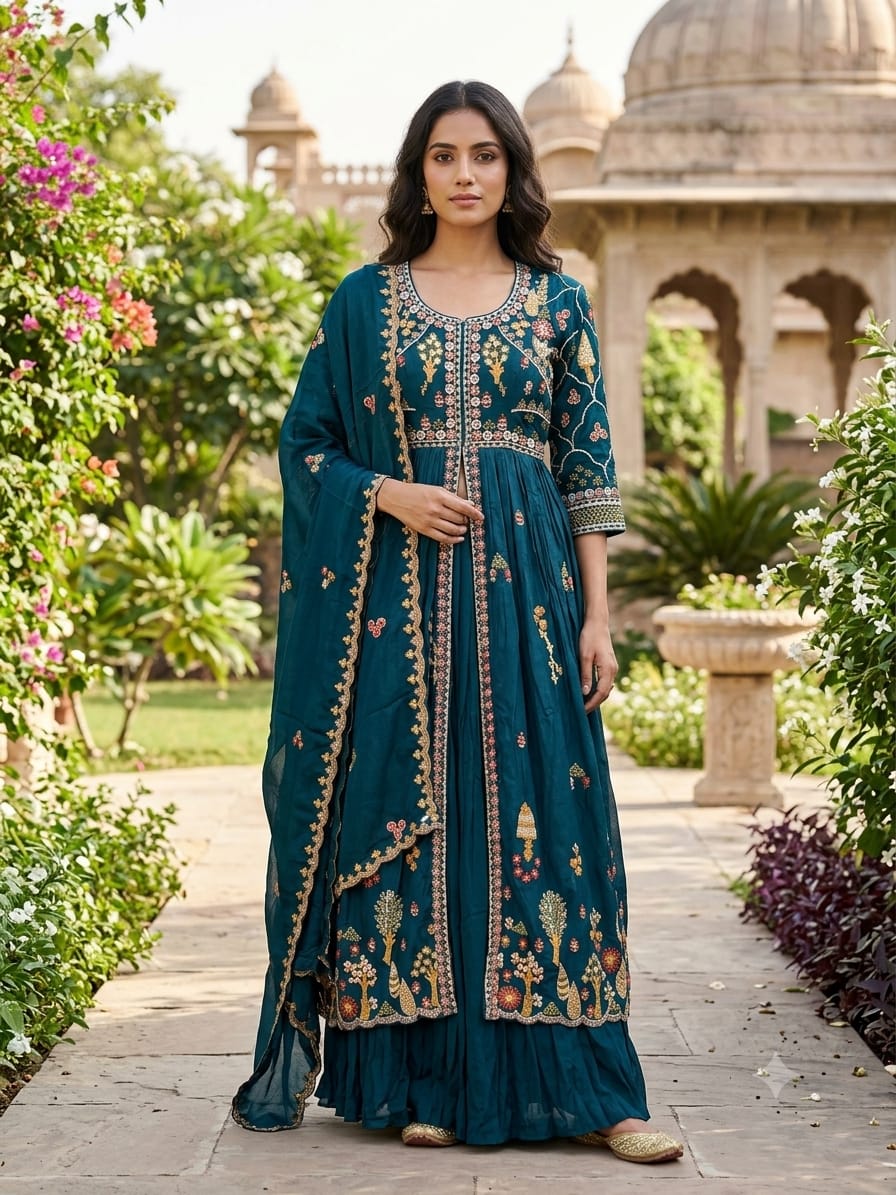 Teal Blue Front-Slit Anarkali Kurta & Lehenga Set