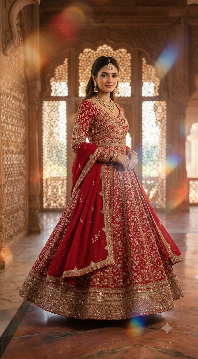 Scarlet Red Heavily Embroidered Bridal Anarkali Gown Set