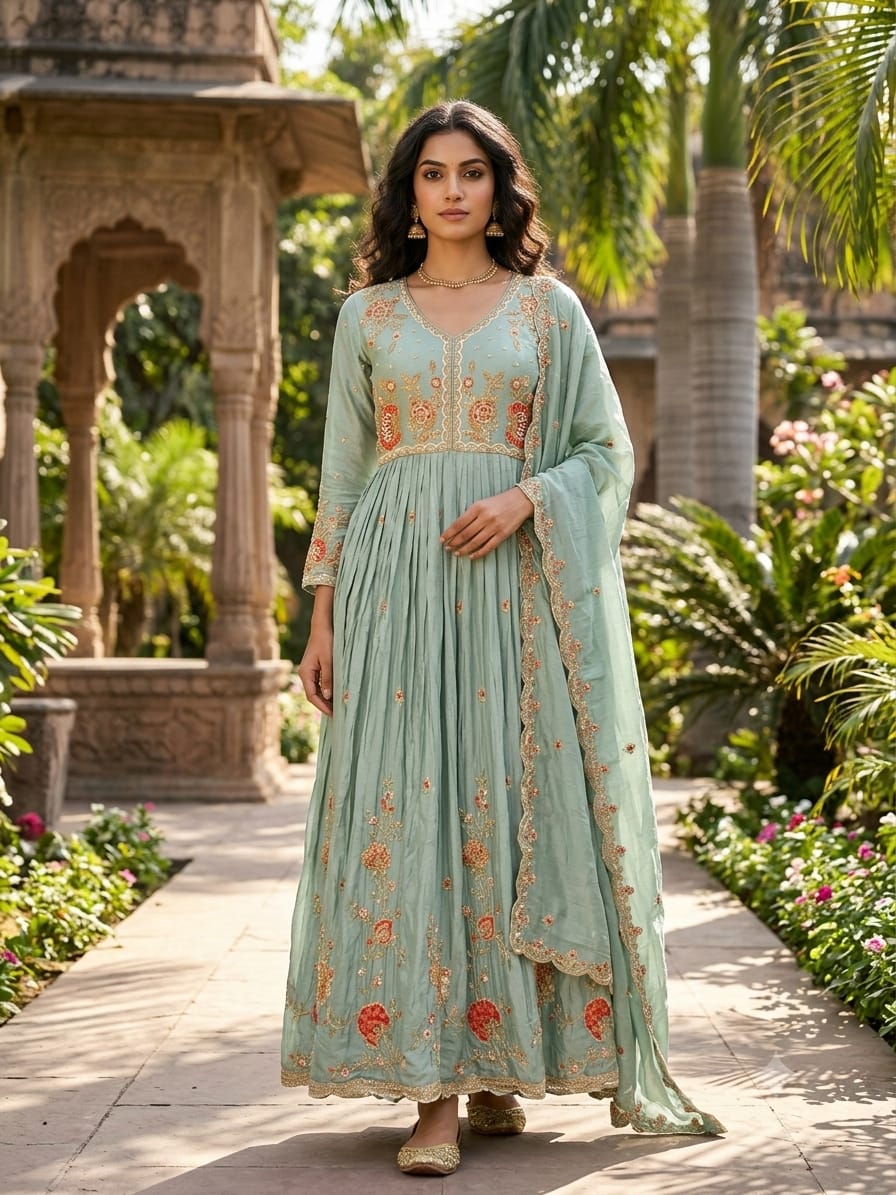 Powder Blue Floral Embroidered Anarkali Gown Set