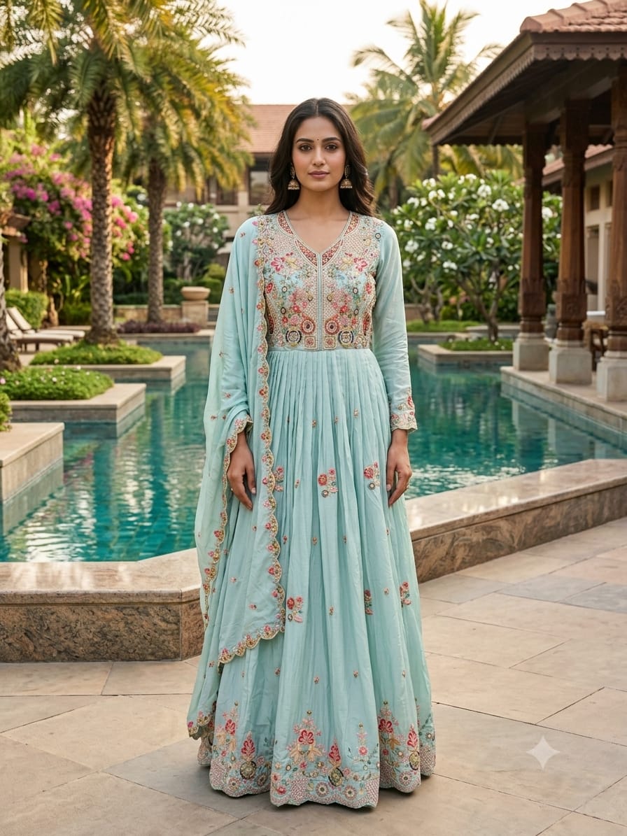 Mint Green Floral Katori-Style Anarkali Gown Set
