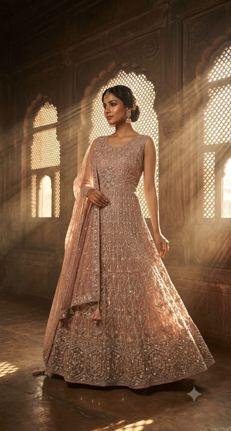 Blush Pink Heavily Embroidered Bridal Anarkali Gown Set
