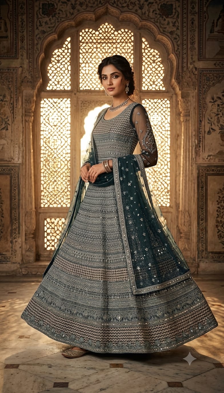 Charcoal Grey Geometric Chikankari Anarkali Gown Set