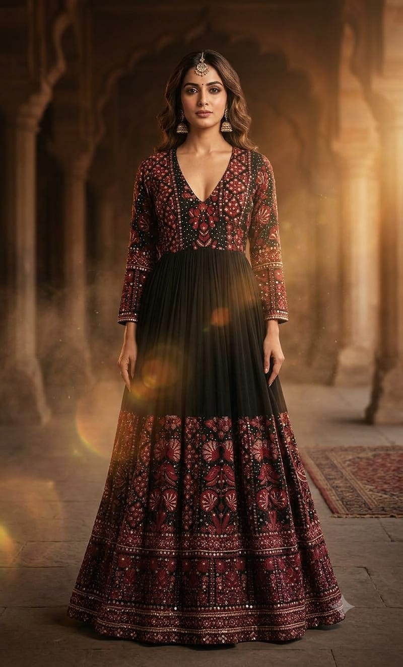 Midnight Black & Maroon Ajrakh-Inspired Embroidered Anarkali Gown.
