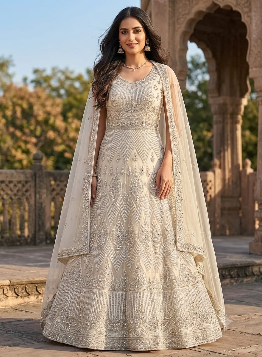 Ivory Champagne Heavily Embroidered Anarkali Gown with Dupatta