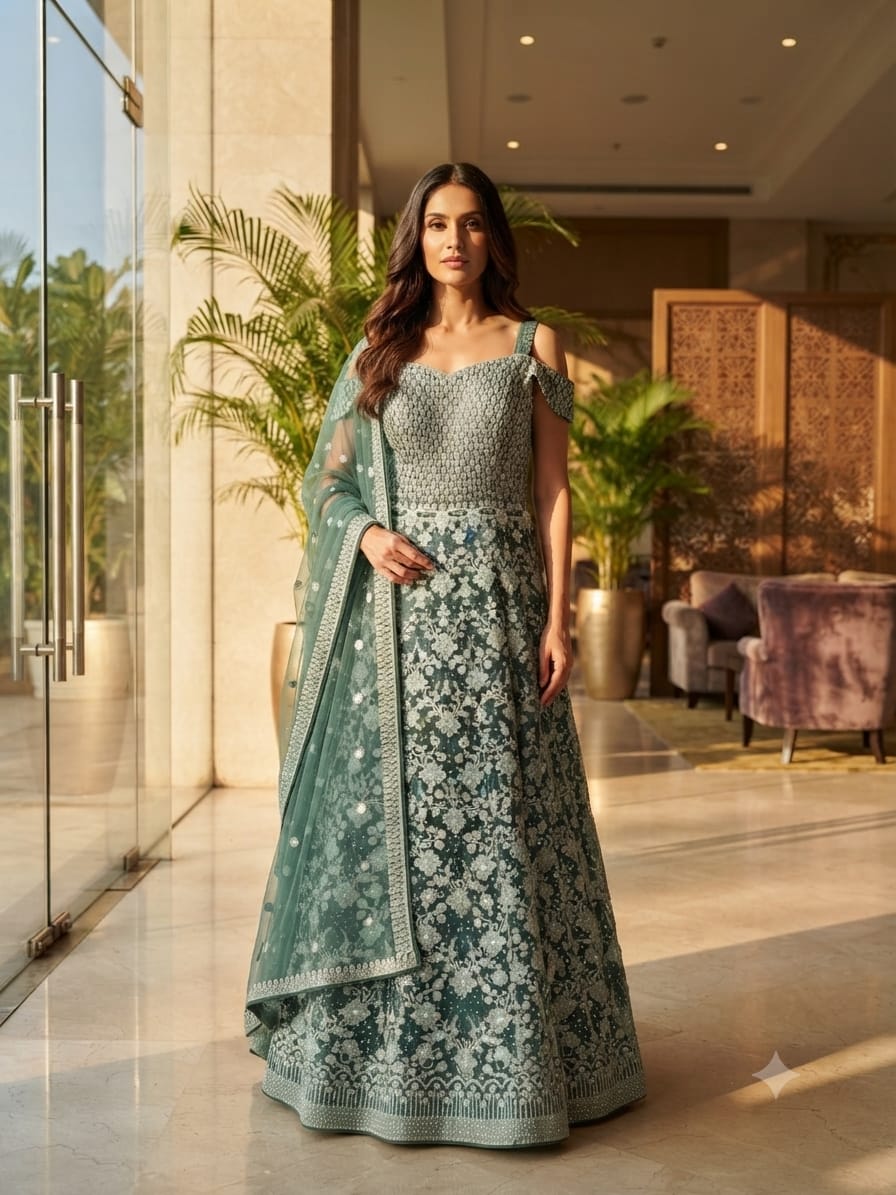 Sage Green Heavily Embellished Anarkali Gown with Dupatta