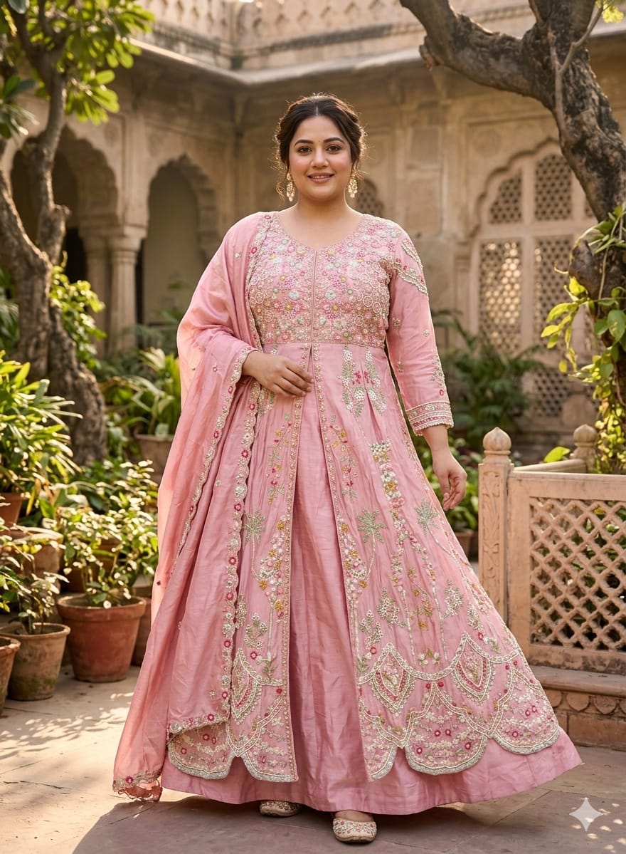 Pastel Pink Front-Slit Anarkali Gown with Lehenga Skirt Set