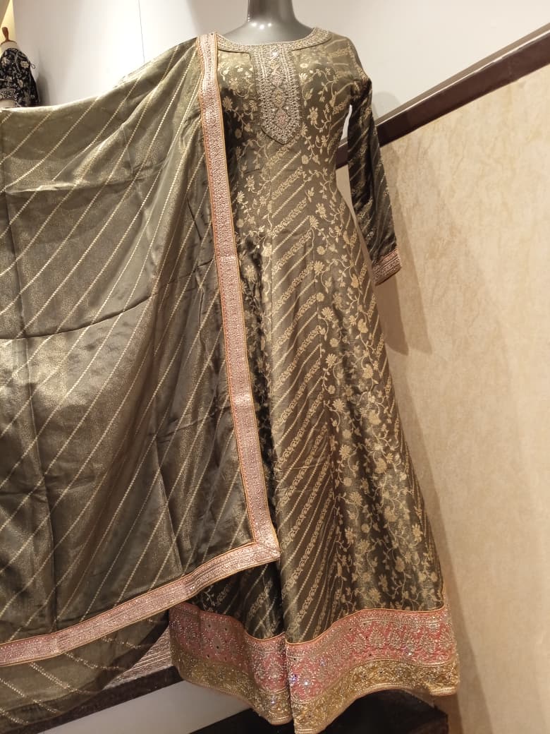 Olive Gold Banarasi Brocade Anarkali Gown Set