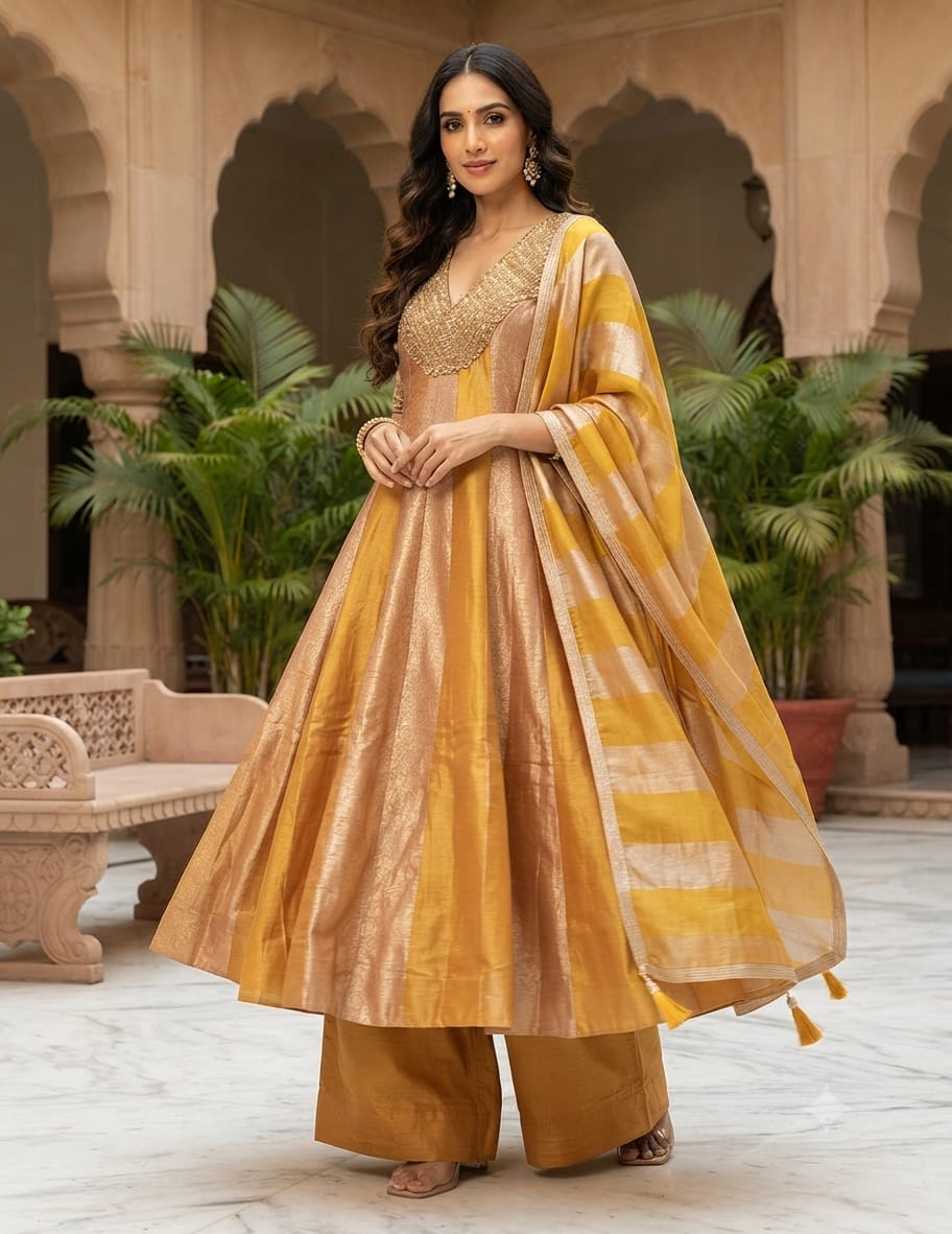 Mustard Gold Banarasi Silk Anarkali Suit Set
