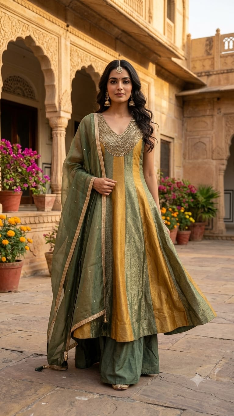 Olive Green & Gold Paneled High-Low Anarkali with Dhoti Pants Set