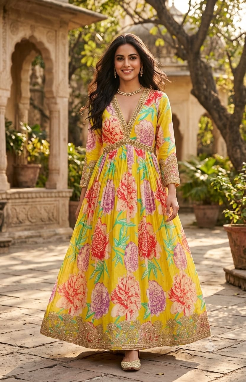 Marigold Yellow Floral Pleated Anarkali Gown Suit
