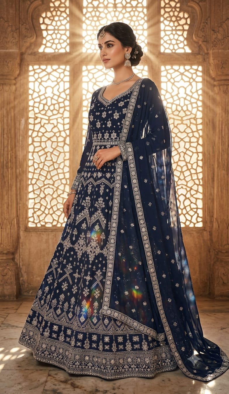 Midnight Navy Chikankari & Mirror-Work Anarkali Gown Set
